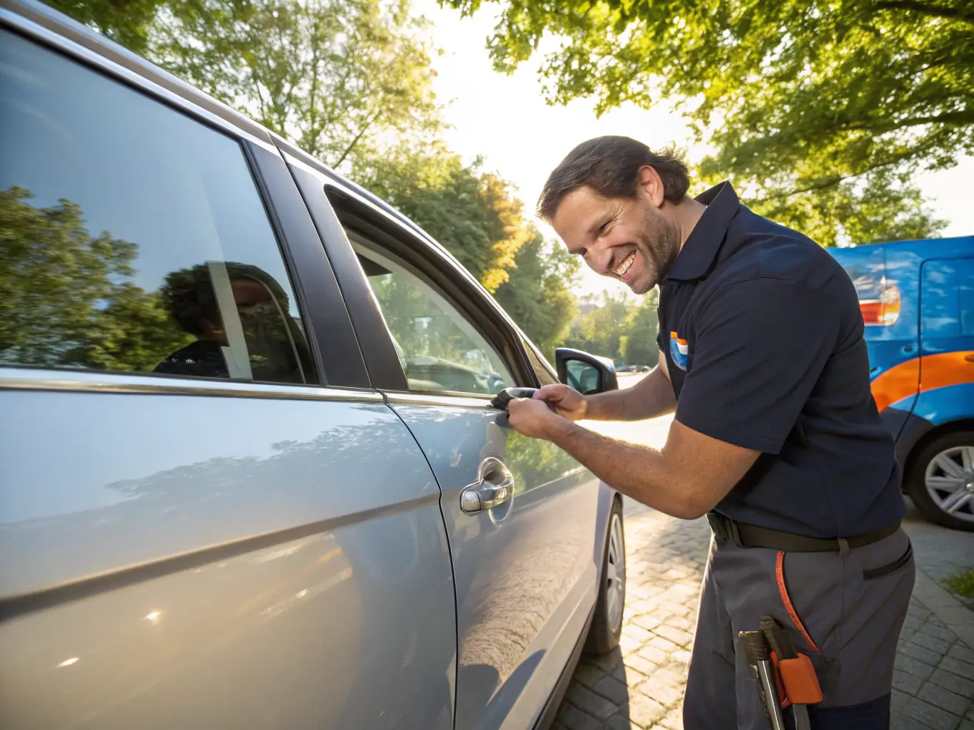 A locksmith van parked outside a suburban house, with a locksmith assisting a homeowner with a lock issue, showcasing residential locksmith services.