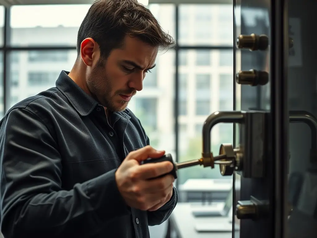 A locksmith working on a high-security lock system in a commercial building, emphasizing the complexity and security of commercial locksmith services.